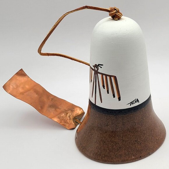 Vintage Tesa Ceramic Southwest Bird Petroglyph Wind Bell Windchime Copper Tag - Picture 3 of 8